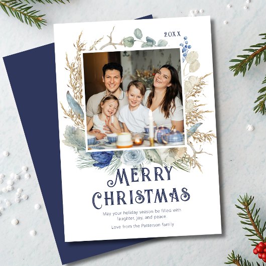 Carte Photo moderne Joyeux Noël Script Boho Floral