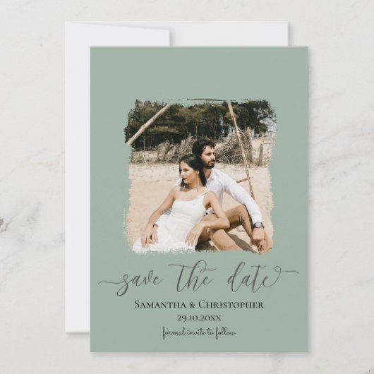 Carte Photo moderne Sage vert Enregistrer la date (Devant)
