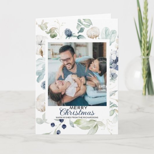 CARTE PHOTO NOËL JOYEUX FLEURS BLEUES BLANCHES (Devant)