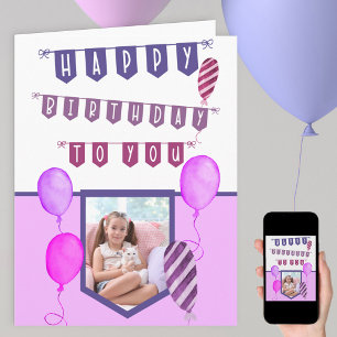 Carte Photo personnalisée Bunple violet et ballons Anniv
