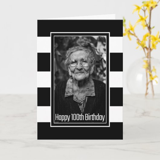 Carte Photo personnalisée en noir blanc rayé 100e annive (Fleur jaune)