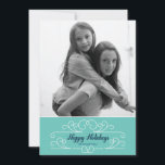 Carte photo Photo Retro Blue Florish<br><div class="desc">This retro-chic card emotes the timeless joy of the season and is designed exclusively for Zazzle. Perfect for a vintage yet moderne holiday greeting. Tiny dots with a Caspian blue border and vintage flourish in white help highlight your favorite photo(s). Add an Envelopments Holiday Stamp from our extensive postage collection...</div>