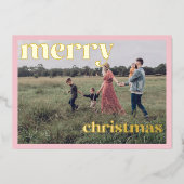 Carte photo rose à motif Joyeux Noël avec feuille  (Recto)