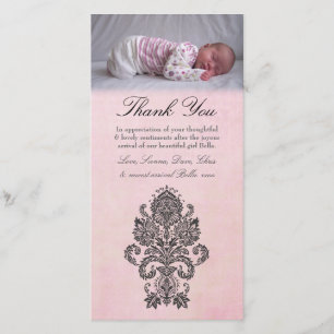 Carte photo rose baroque de bébé de note de Merci