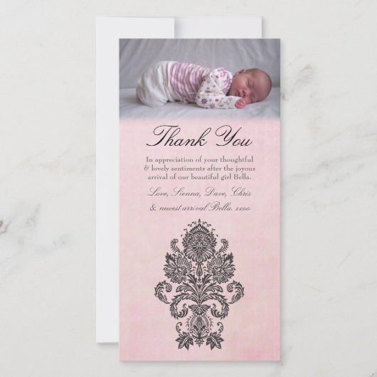 Carte photo rose baroque de bébé de note de Merci (Devant)