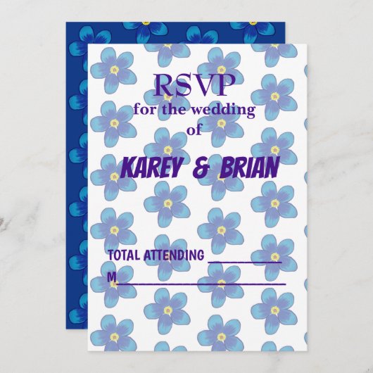 Carte photo RSVP Floral bleu, Script (Devant / Derrière)