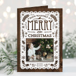 Carte photo Russe Winter Woodland Cutout Christmas<br><div class="desc">Des cartes photos de vacances imprimés sur mesure abordables avec des modèles simples pour la personnalisation. Ce design neutre et fantaisiste présente un arrière - plan en faux bois, découpé en papier avec des éléments de nature rustique et une typographie mixte. Le texte dit "Ayez-vous un joyeux petit Noël". Personnalisez-le...</div>