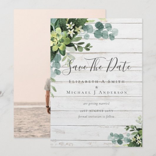 Carte Photo Save Dates Eucalyptus Feuilles de verdure (Devant / Derrière)