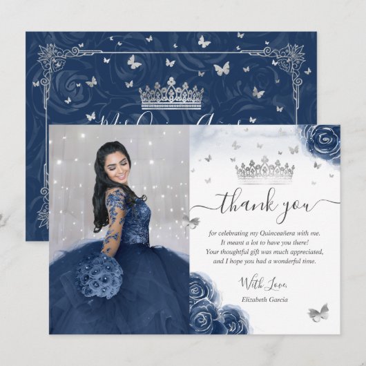 Carte Photo Silver Navy Blue Quinceanera Flat Merci (Devant / Derrière)