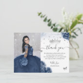 Carte Photo Silver Navy Blue Quinceanera Flat Merci (Debout devant)