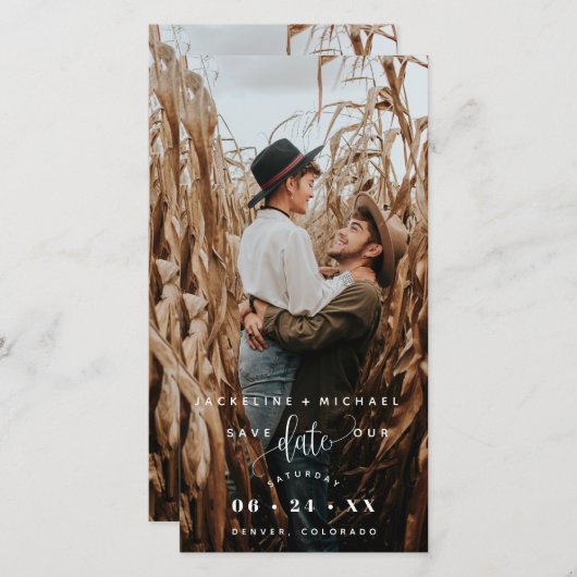 Carte Photo White Script Wedding Enregistrer La Date Sig (Devant / Derrière)