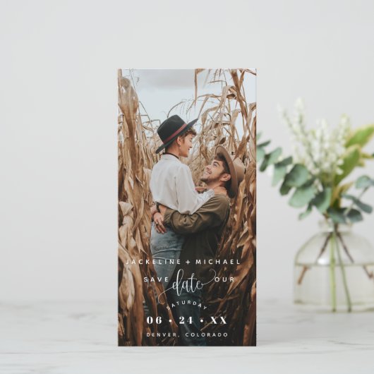 Carte Photo White Script Wedding Enregistrer La Date Sig (Debout devant)