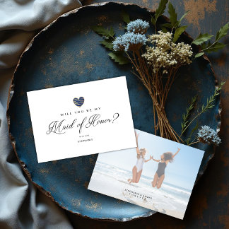 Carte Photo Will You Be My Maid of Honor Navy Heart