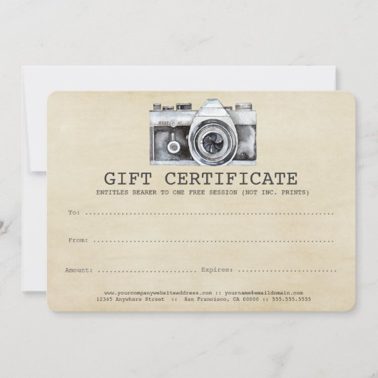 Carte Photographe professionnel Camera Certificat cadeau (Devant)
