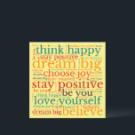 Carte Phrase positive WordArt Motif multicolore Jaune<br><div class="desc">Colorful Positivity pour envoyer quelqu'un avec ce Word Art motif de phrases inspirantes dans des couleurs multicolores de rouge,  jaune,  orange,  turquoise et violet avec les citations motivationnelles,  Croyez,  Choisir la joie,  Penser Heureux,  Rêver Gros,  Rester Positif,  Aimez-vous et Soyez vous,  sur un arrière - plan jaune.</div>