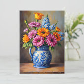 Carte Pichet Bleu Blanc Pensées Pour Vous Fleurs Vives (Debout devant)