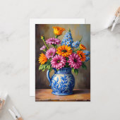 Carte Pichet Bleu Blanc Pensées Pour Vous Fleurs Vives (Devant/Arrière en situation)