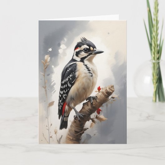 Carte Picidae à plastron blanc perché sur une branche d' (Devant)