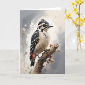 Carte Picidae à plastron blanc perché sur une branche d' (Fleur jaune)