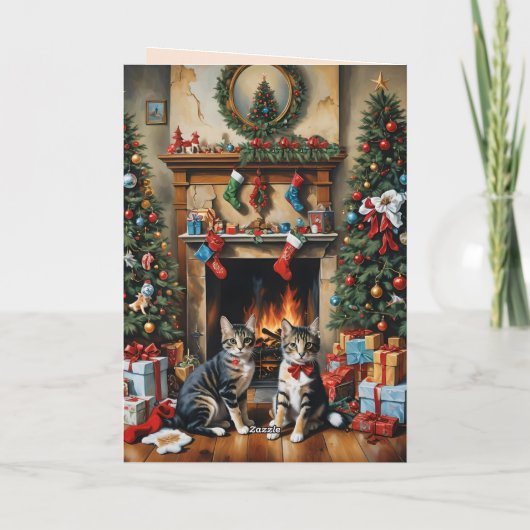 Carte Pièce décorée de façon festive, cheminée, chats, v (Dos)