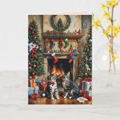 Carte Pièce décorée de façon festive, cheminée, chats, v (Fleur jaune)