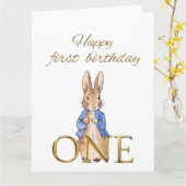 Carte Pierre le lapin Joyeux premier anniversaire UN (Fleur jaune)