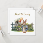 Carte Pierre les ballons de lapin Premier anniversaire (Devant/Arrière en situation)