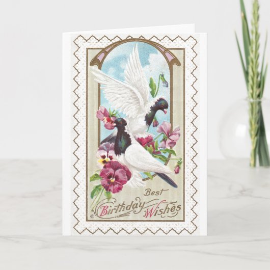 Carte Pigeons et Pansies Anniversaire Vintage (Devant)