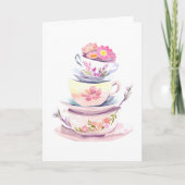 Carte Pile de tasse de thé en pastel avec fleurs heureux (Devant)
