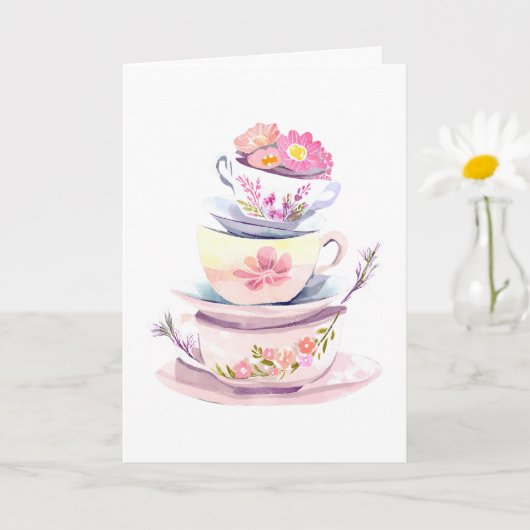 Carte Pile de tasse de thé en pastel avec fleurs heureux (Petite plante)