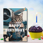 Carte Pilote de chat et avion, Cool Funny Aviation Anniv<br><div class="desc">Cat Pilot & Airplane, Cool Funny Aviation Birthday Card Carte d'anniversaire avec une photo de chat portant une veste en cuir et un avion dans l'arrière - plan. À l'intérieur sont des voeux d'anniversaire qui disent "Feline bon à l'altitude de croisière". Parfait pour un pilote ou un passionné d'aviation. Customisez-le...</div>