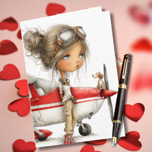 Carte Pilote fille d'anniversaire Copilote chien & Avion