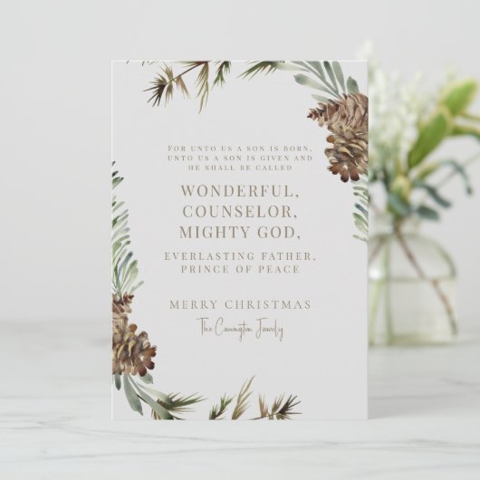 Carte Pine Cone Écriture de Noël Photo chrétienne (Debout devant)