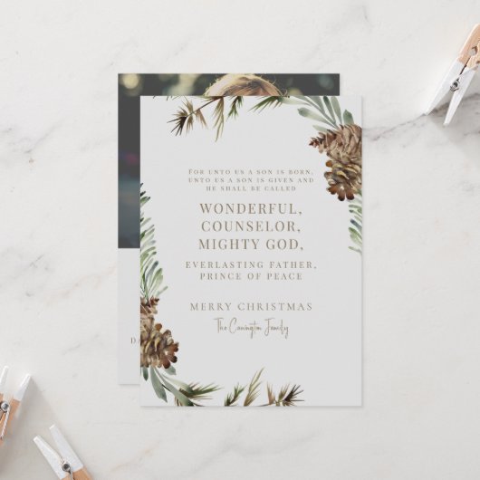 Carte Pine Cone Écriture de Noël Photo chrétienne (Devant/Arrière en situation)