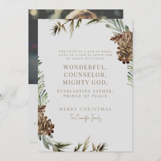 Carte Pine Cone Écriture de Noël Photo chrétienne (Devant / Derrière)