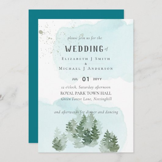 Carte Pine Trees Teal and Sage Wedding (Devant / Derrière)