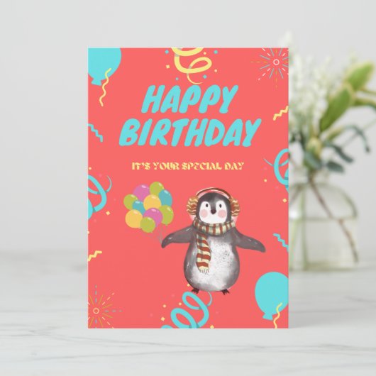 Carte Pingouin avec ballons (Debout devant)