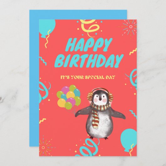 Carte Pingouin avec ballons (Devant / Derrière)