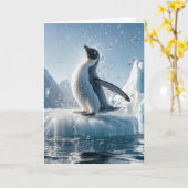 Carte Pingouin D'Anniversaire Sur Un Iceberg (Fleur jaune)