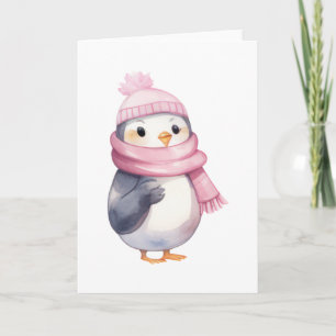 Carte Pingouin d'aquarelle en écusson rose