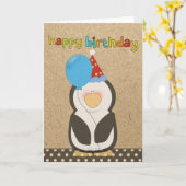 Carte Pingouin de joyeux anniversaire tenant le ballon (Fleur jaune)