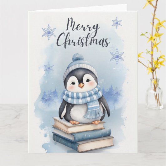Carte Pingouin de Noël aquarelle (Fleur jaune)