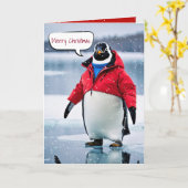 Carte Pingouin de Noël avec manteau rouge (Fleur jaune)