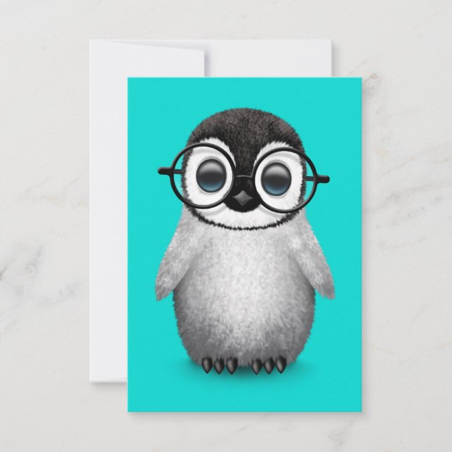 Carte Pingouin mignon portant des lunettes d'oeil sur bl (Devant)