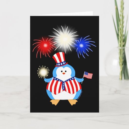 Carte Pingouin patriotique avec des feux d'artifice (Devant)