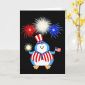Carte Pingouin patriotique avec des feux d'artifice (Fleur jaune)