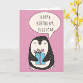 Carte Pingouin personnalisé avec un cadeau enveloppé Ann (Fleur jaune)