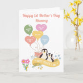 Carte Pingouins mignons 1ère fête des mères (Fleur jaune)