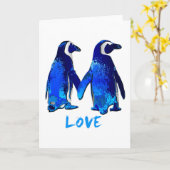 Carte Pingouins tenant la conception d'amour de mains (Fleur jaune)