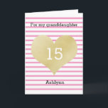 Carte Pink and Gold 15th Birthday Grandgirl<br><div class="desc">Une petite-fille rose et or de 15 ans avec un arrière - plan rayé blanc et rose. Vous pouvez facilement personnaliser l'âge et le nom sur le devant de la carte. L'intérieur lit un message sincère, qui peut aussi être personnalisé si on le souhaite. Le dos de cette jolie carte...</div>
